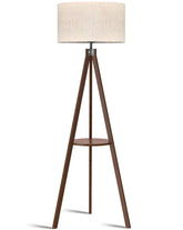 LEPOWER mid-century wood floor lamp with shelf for stylish living room lighting.