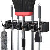LETMY broom holder wall mount with 5 positions and 6 hooks for organized storage.