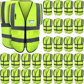 Leumoi safety vest front view highlighting fluorescent green fabric and 360-degree visibility