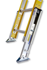 Levelok permanent mount ladder levelers front view with 2-leg stability on uneven ground.