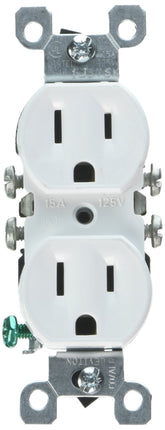 Leviton 12650-W duplex receptacle front view showing easy wiring access and grounding