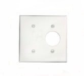 Leviton 2-gang wallplate with strap mount in white, showing clean, durable metal construction