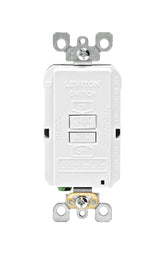 Leviton blank-face GFCI front view shows outlet-free protection behind a spa