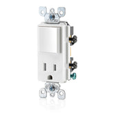 Leviton Decora combo switch and receptacle white front view showing space-saving design