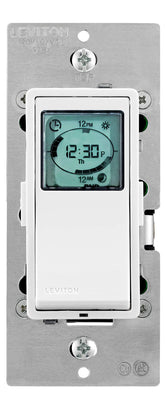 Leviton Decora timer switch front view with programmable schedule display for energy savings.