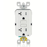 Leviton GFCI outlet front view showing 20A protection for damp areas