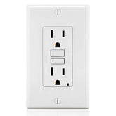 Leviton GFCI outlet front view for safe use in kitchens and bathrooms.