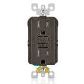 Leviton GFTR1 brown GFCI outlet front view with protective features for near wet areas