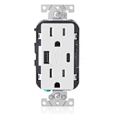 Leviton T5633-W front view outlet showing dual USB ports for convenient charging