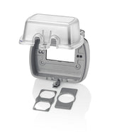 Leviton weatherproof outlet box front-view with extra-duty cover for outdoor use.