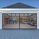 LIAMST garage screen front view provides open airflow for the two-car opening.