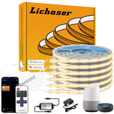Lichaser wifi COB LED strip on wood slat wall for ambient lighting