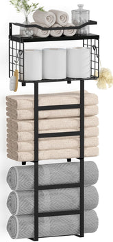 LIDTOP 34in black towel rack mounted on wall with shelves and basket for organized towels
