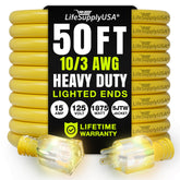 LifeSupplyUSA 50ft extension cord for indoor/outdoor use with bright yellow visibility.