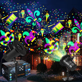 Lingvee Mardi Gras projector light outdoors projecting colorful party patterns.