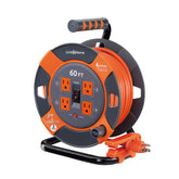 Link2Home cord reel 60 ft extension cord neatly wound for easy setup.