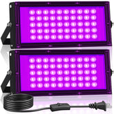 Linstaine 2 Pack 50W Black Light floodlight shows vivid glow for outdoor parties.