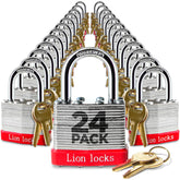 Lion Locks 24-keyed-alike padlock closeup with 1.25-inch shackle for easy key management