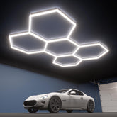 Litezone Hexagon ceiling-mount garage lights provide bright, even daylight for precise detailing.