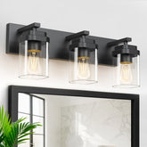 LKHF black 3-light vanity light over mirror for balanced bathroom illumination.