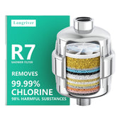 Longriver R7 shower filter front view showing modern chrome finish and compact design for improved water quality