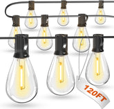 Luckystyle 120ft LED outdoor string lights over a patio for warm, inviting evenings outdoors.