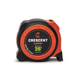 Lufkin Crescent CONTROLTOUCH NITE EYE 35ft tape measure in angle view with extended reach.