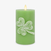 Luminara Lucky Green Shamrock Pillar Candle with lifelike flame for festive decor