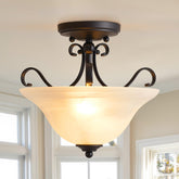 Luvkczc retro semi-flush light with black glass shade enhances vintage living room aesthetics.