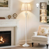 Luvkczc rustic floor lamp with cream finish features six-sided hollow carvings for warm ambient lighting.