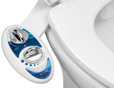 LUXE Bidet NEO 120 front view shows compact blue accent and sleek profile for modern bathrooms