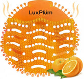 LuxPlum urinal screens orange pack for long-lasting citrus freshness in restrooms.