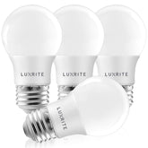 Luxrite A15 LED bulb in a warm white living room lamp delivers bright, inviting illumination.