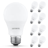 LUXRITE A19 LED bulb pack front view for energy-efficient home lighting