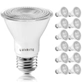 Luxrite PAR20 LED bulbs 12-pack front view for versatile indoor lighting.