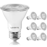 LUXRITE PAR20 LED bulbs pack front view highlighting energy-efficient lighting.