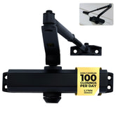 LYNN HARDWARE DC6003 front view shows a durable matte black door closer for high-traffic entrances