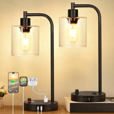 Lynnoland two-pack industrial table lamps with USB-C ports for easy device charging.