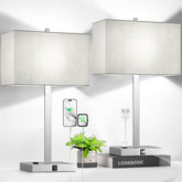 Lynnoland 21in table lamps with USB ports and outlet for bedside charging.