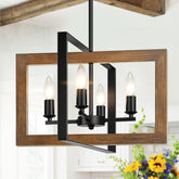 Lynnoland farmhouse chandelier wood frame closeup shows rich walnut grain texture