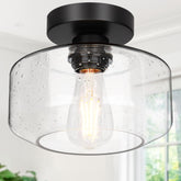 Lynnoland industrial semi-flush with seeded glass shade for vintage ambiance.