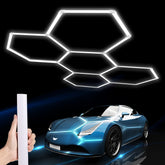 LZHOME hexagon LED garage light installed on ceiling for bright workshop illumination.
