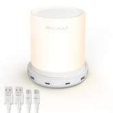 Macally bedside lamp with USB ports powering devices at night