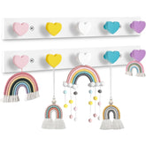Maitys heart coat rack wall mount with colorful hooks for kids' coats and backpacks.