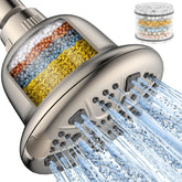 MakeFit filtered shower head in brushed nickel front view with sleek finish and modern design