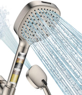 MakeFit filtered handheld shower head close-up shows ergonomic grip for gentle cleansing