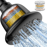 MakeFit filtered shower head in matte black front view with a refreshing rain-like flow