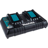 Makita DC18RD dual-port charger powers two 18V batteries simultaneously for efficient job-site sessions.