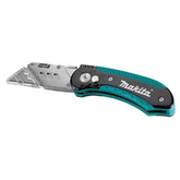 Makita quick-change folding knife front view with belt clip for quick access.