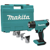 Makita XGH01ZK heat gun front view showing portable cordless design for on-site use.